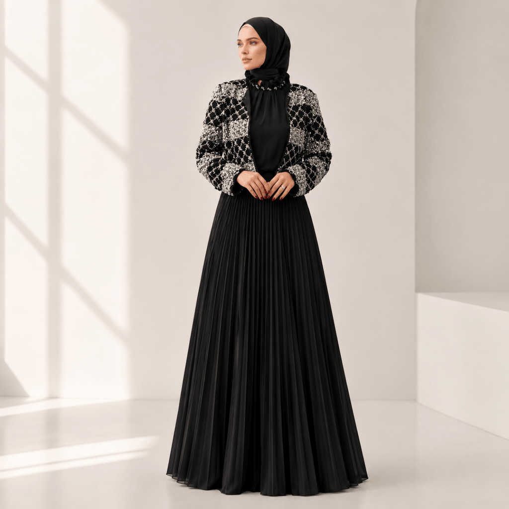 Luxury Pearl Beaded Diamond Grid Jacket & Pleated Dress Set(MS403)