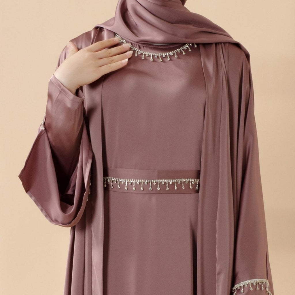 Mariam's Collection Luxury Satin Abaya With Diamond Tassels Belt,  6-Piece Set (MOA041) — Mariam's Collection branding close-up