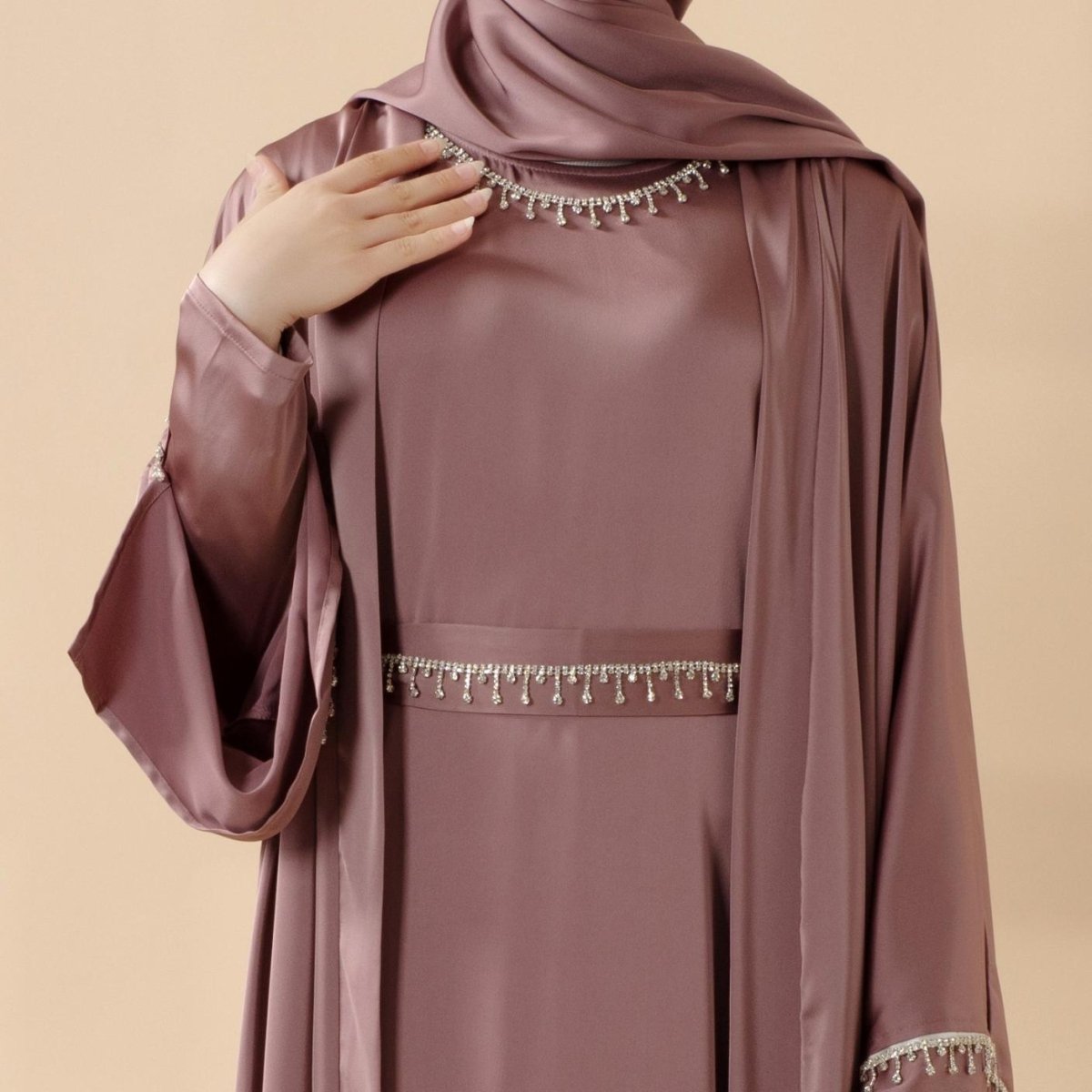 Mariam's Collection Luxury Satin Abaya With Diamond Tassels Belt,  6-Piece Set (MOA041) — Mariam's Collection branding close-up