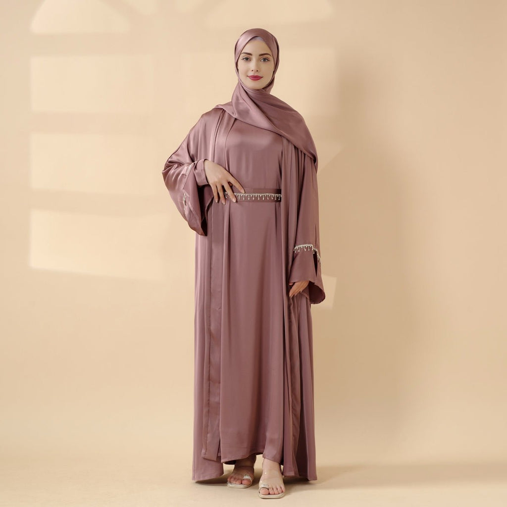Mariam's Collection Luxury Satin Abaya With Diamond Tassels Belt,  6-Piece Set (MOA041) — detail shot 7