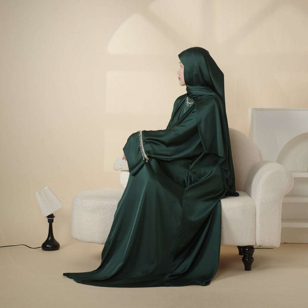 Mariam's Collection Luxury Satin Abaya With Diamond Tassels Belt,  6-Piece Set (MOA041) — product on model