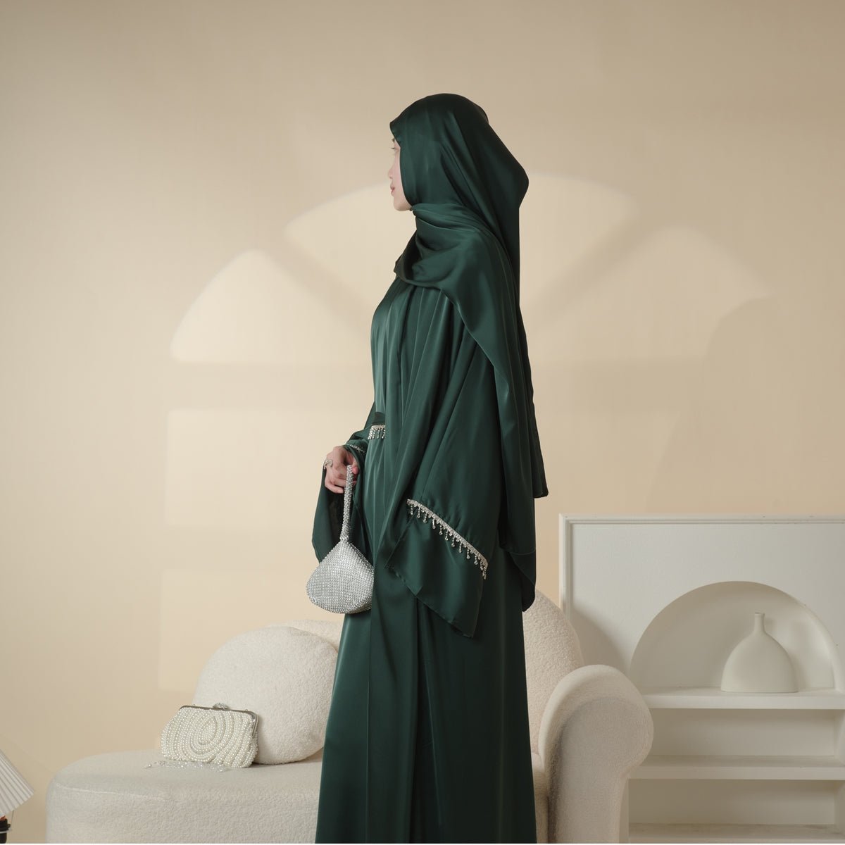 Mariam's Collection Luxury Satin Abaya With Diamond Tassels Belt,  6-Piece Set (MOA041) — feature highlight
