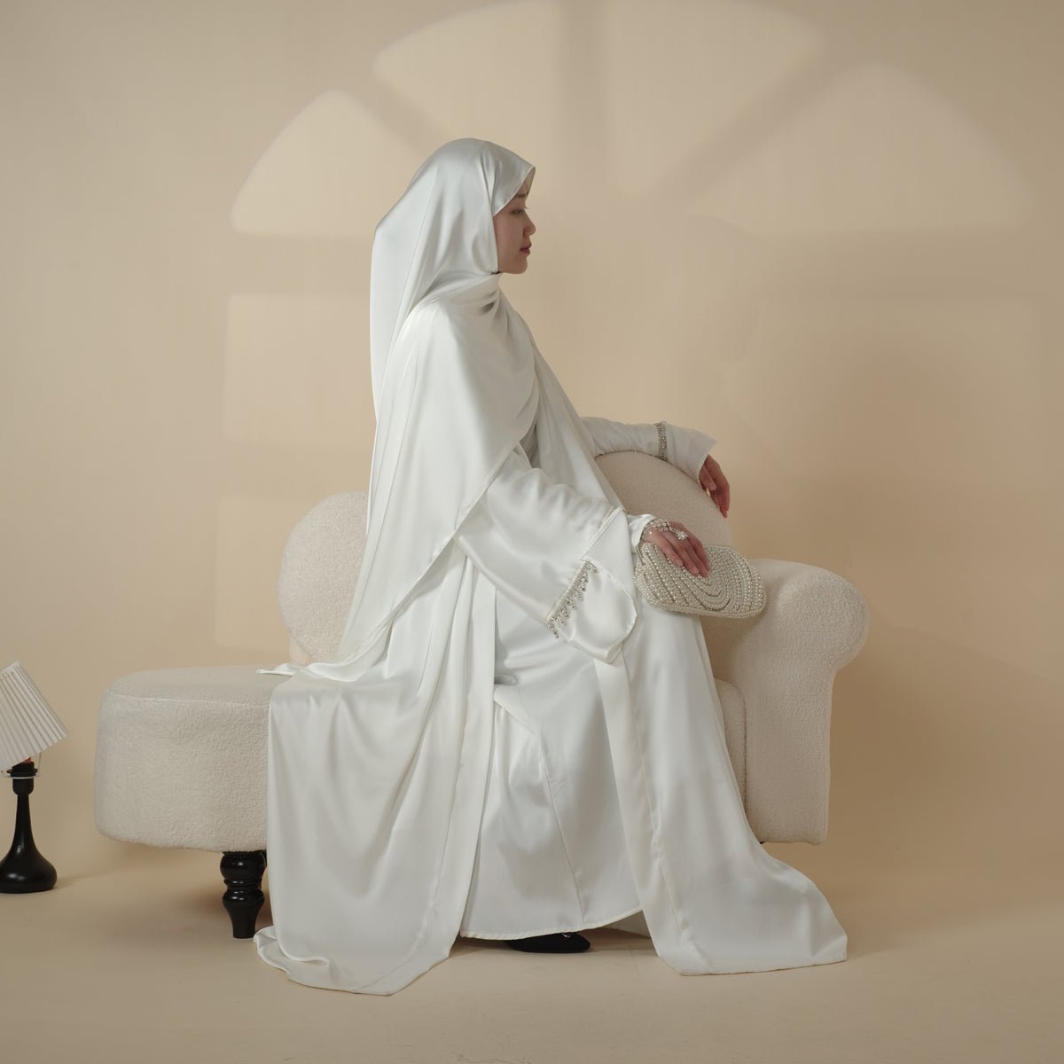 Mariam's Collection Luxury Satin Abaya With Diamond Tassels Belt,  6-Piece Set (MOA041) — lifestyle context