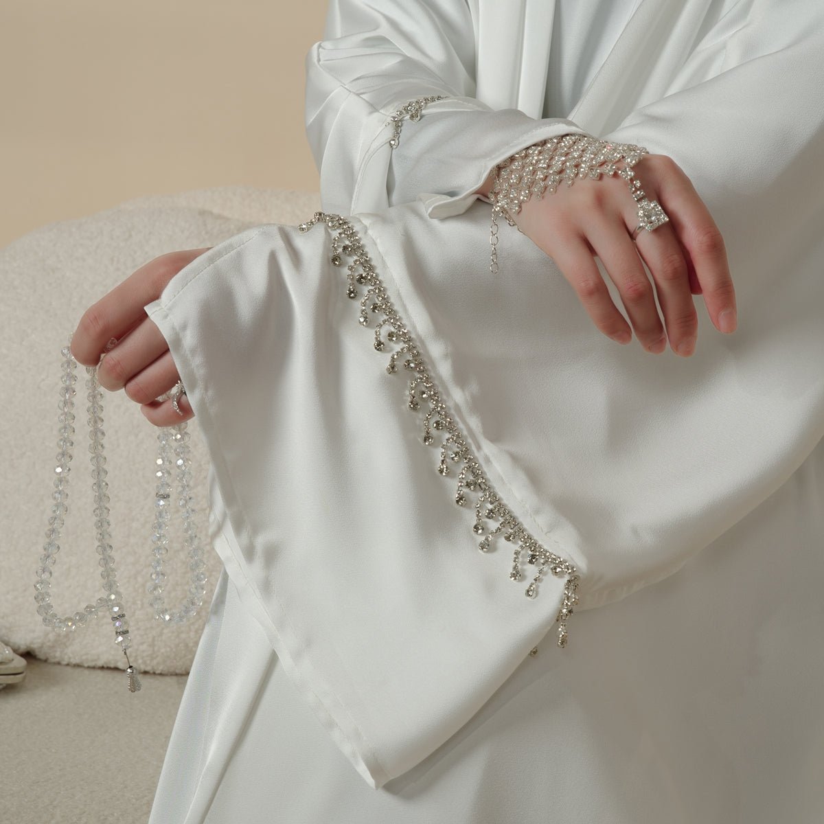 Mariam's Collection Luxury Satin Abaya With Diamond Tassels Belt,  6-Piece Set (MOA041) — side view