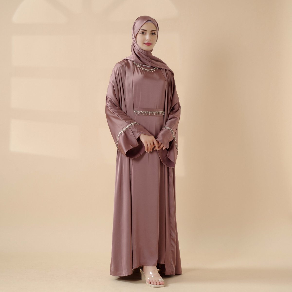 Mariam's Collection Luxury Satin Abaya With Diamond Tassels Belt,  6-Piece Set (MOA041) — main product shot
