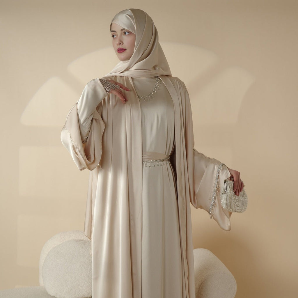 Mariam's Collection Luxury Satin Abaya With Diamond Tassels Belt,  6-Piece Set (MOA041) — in-use photo