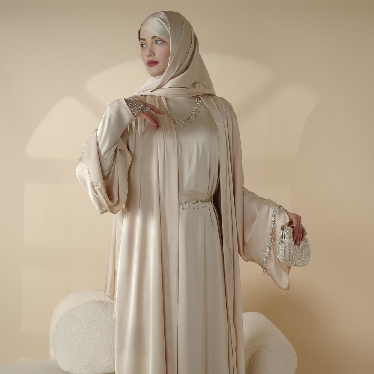 Mariam's Collection Luxury Satin Abaya With Diamond Tassels Belt,  6-Piece Set (MOA041) — in-use photo