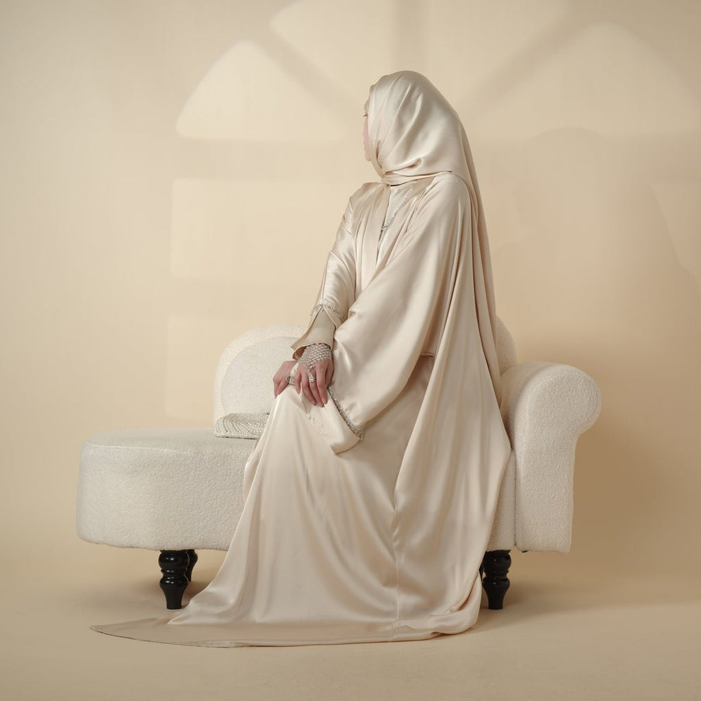 Mariam's Collection Luxury Satin Abaya With Diamond Tassels Belt,  6-Piece Set (MOA041) — alternative angle