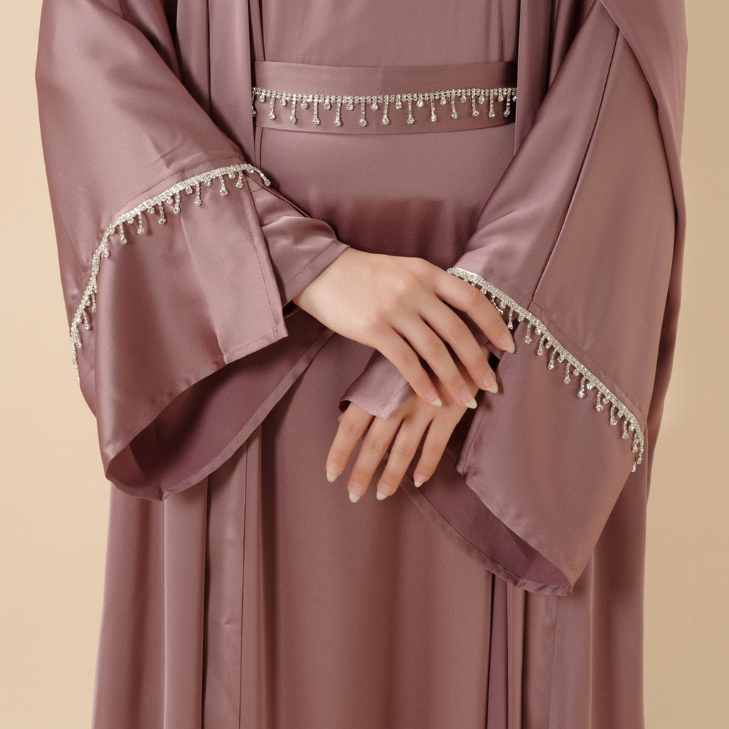 Mariam's Collection Luxury Satin Abaya With Diamond Tassels Belt,  6-Piece Set (MOA041) — lifestyle worn / used context