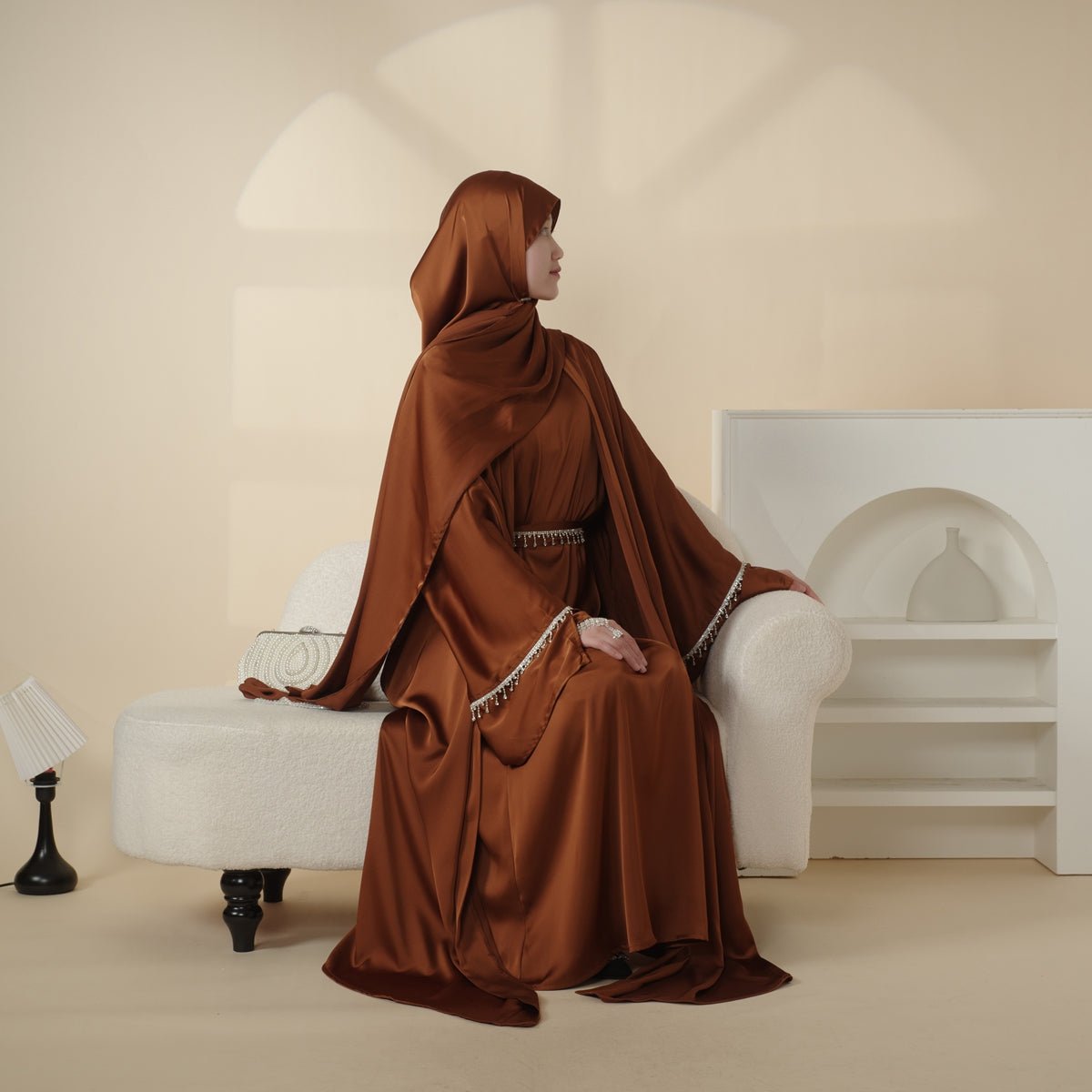 Mariam's Collection Luxury Satin Abaya With Diamond Tassels Belt,  6-Piece Set (MOA041) — comparison shot