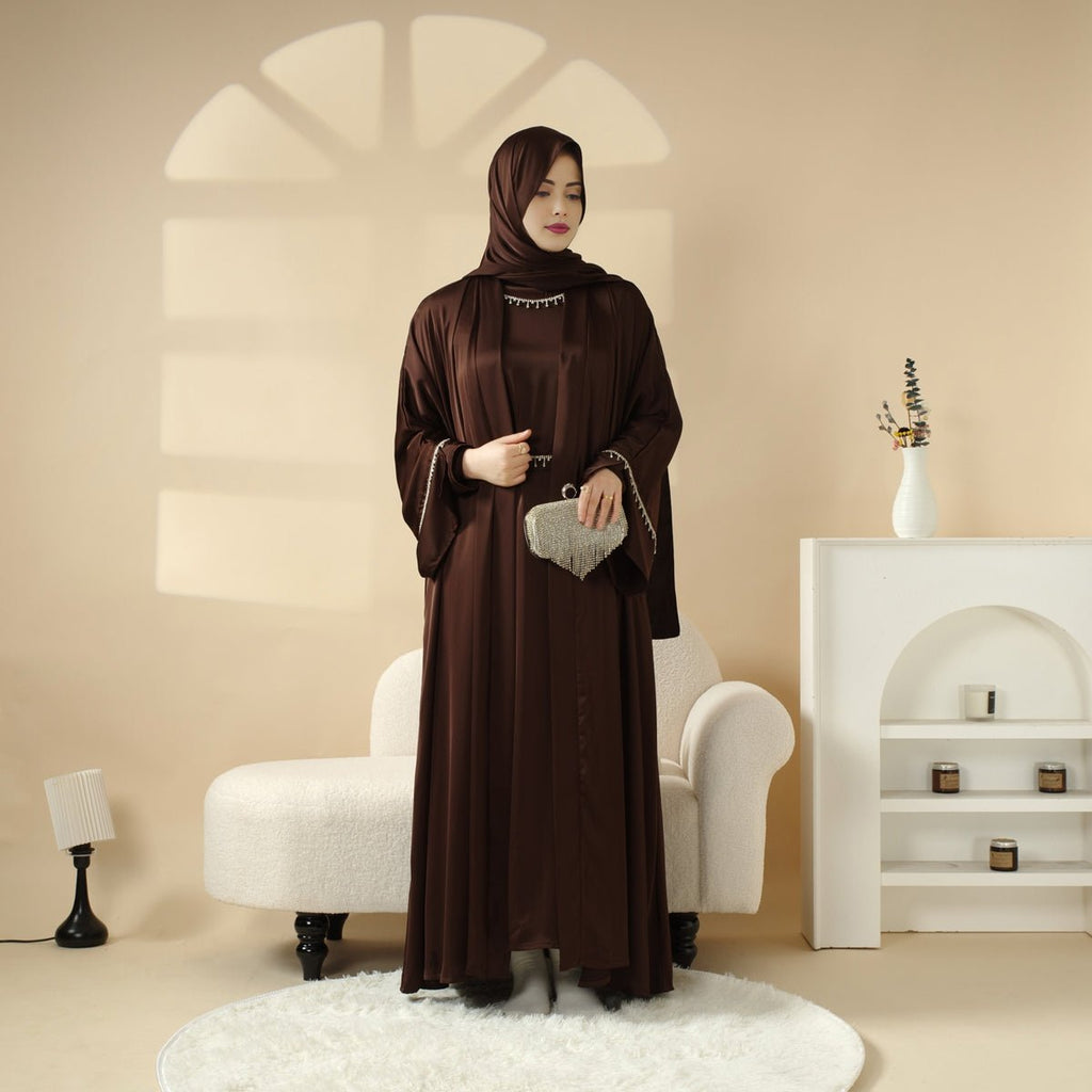 Mariam's Collection Luxury Satin Abaya With Diamond Tassels Belt,  6-Piece Set (MOA041) — size reference