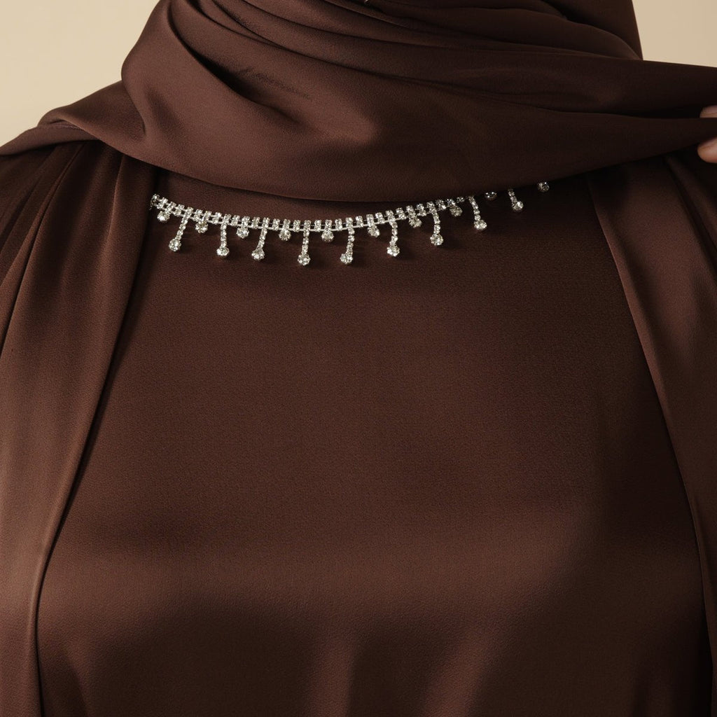 Mariam's Collection Luxury Satin Abaya With Diamond Tassels Belt,  6-Piece Set (MOA041) — color detail