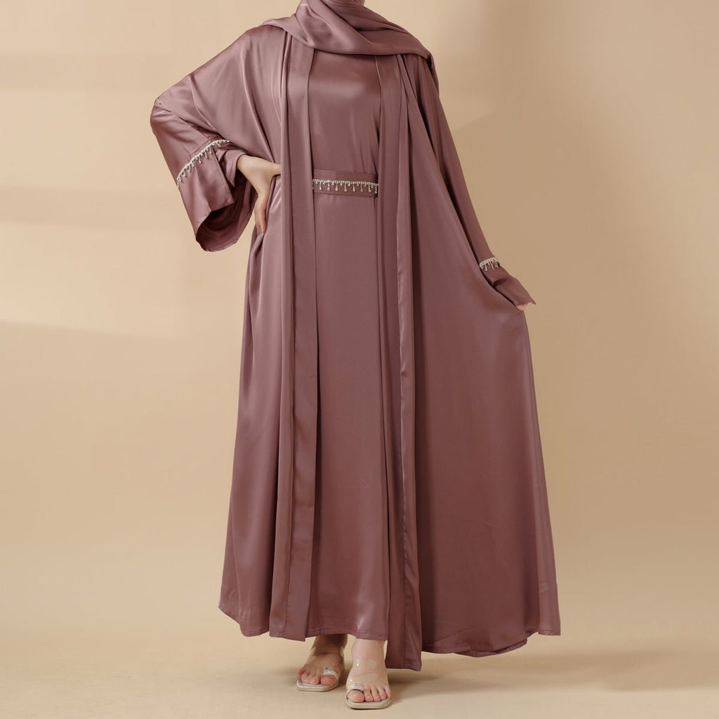 Mariam's Collection Luxury Satin Abaya With Diamond Tassels Belt,  6-Piece Set (MOA041) — construction detail