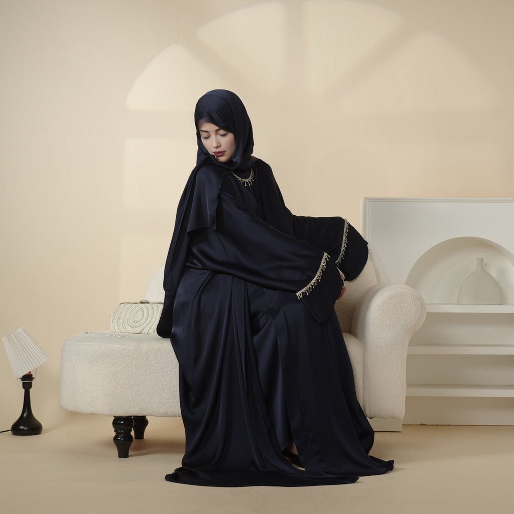 Mariam's Collection Luxury Satin Abaya With Diamond Tassels Belt,  6-Piece Set (MOA041) — main product shot