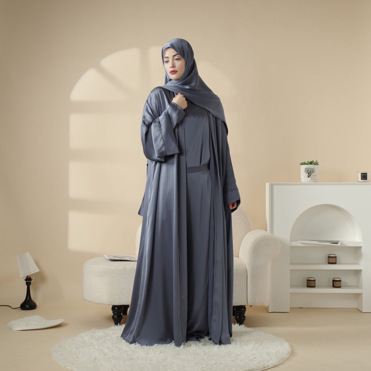 Mariam's Collection Luxury Satin Modest Abaya Set 4-Piece – Elegant Open Abaya, Top, Pants & Matching Hijab(MOA034) — detail shot 9