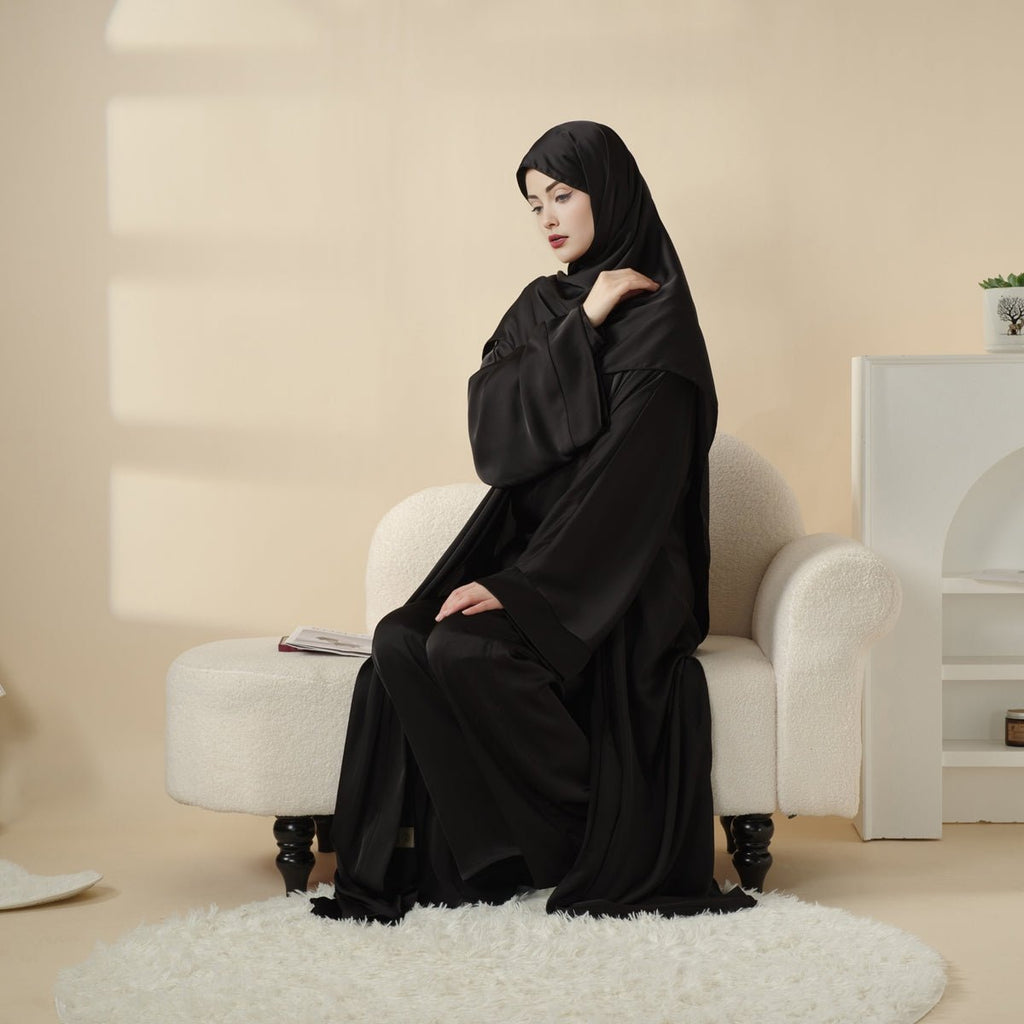 Mariam's Collection Luxury Satin Modest Abaya Set 4-Piece – Elegant Open Abaya, Top, Pants & Matching Hijab(MOA034) — product