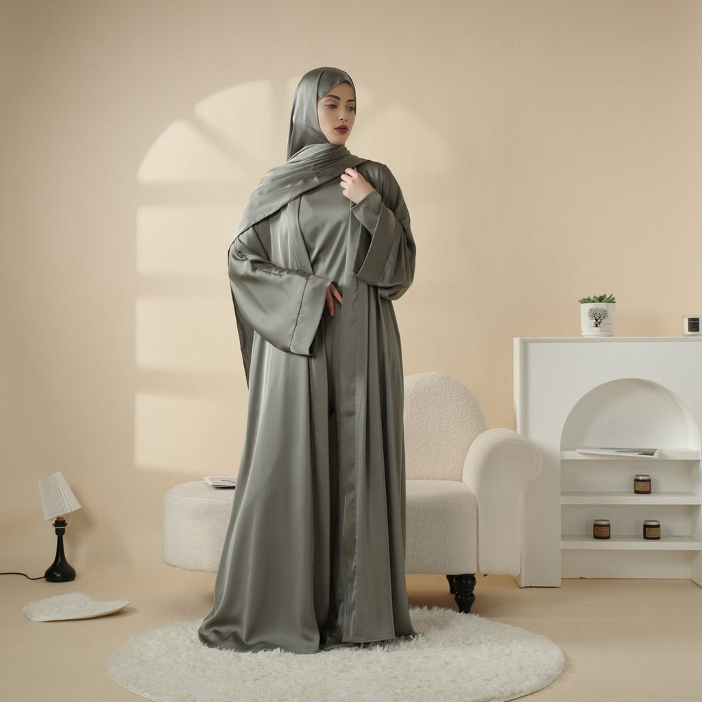 Mariam's Collection Luxury Satin Modest Abaya Set 4-Piece – Elegant Open Abaya, Top, Pants & Matching Hijab(MOA034) — compari