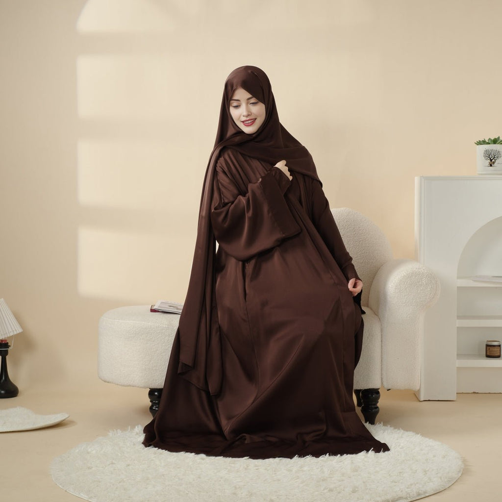 Mariam's Collection Luxury Satin Modest Abaya Set 4-Piece – Elegant Open Abaya, Top, Pants & Matching Hijab(MOA034) — side vi
