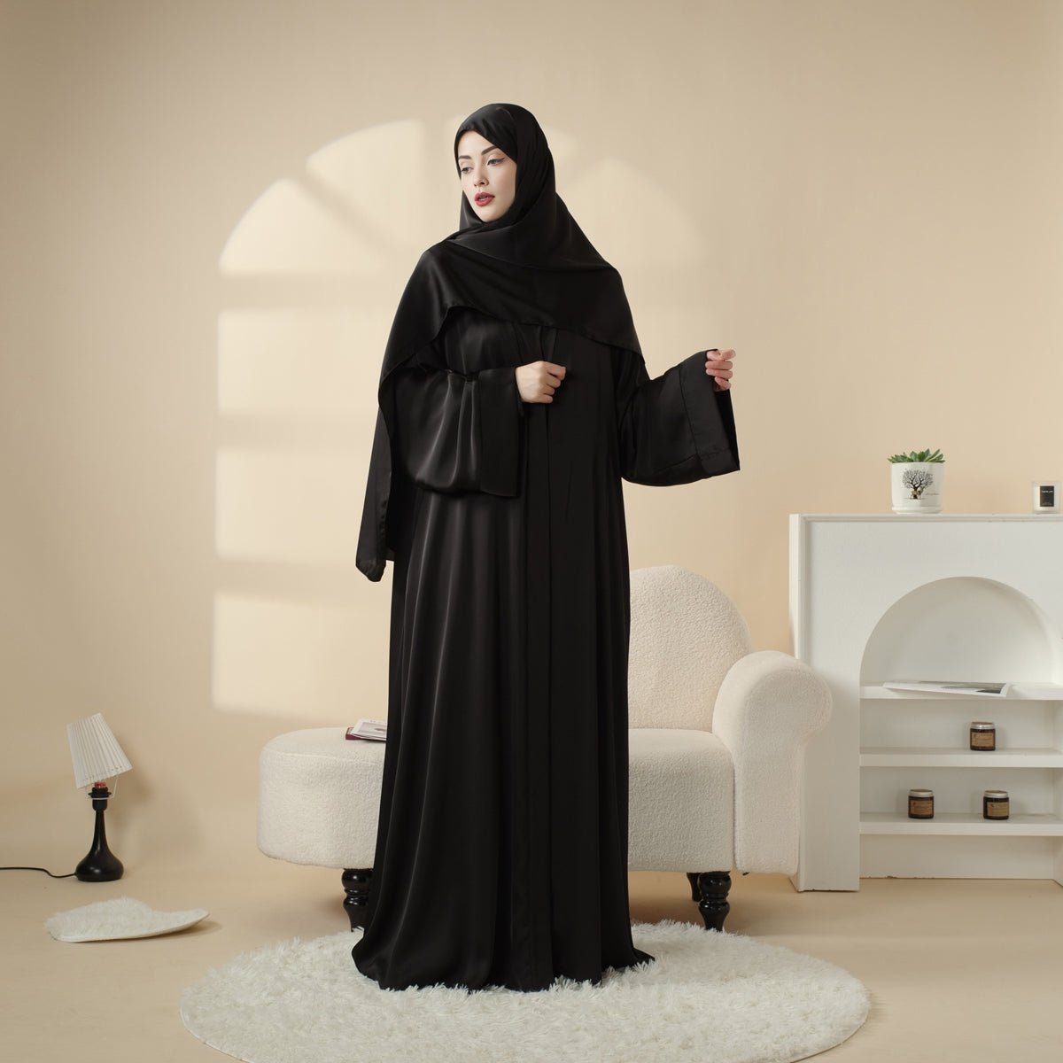 Mariam's Collection Luxury Satin Modest Abaya Set 4-Piece – Elegant Open Abaya, Top, Pants & Matching Hijab(MOA034) — feature