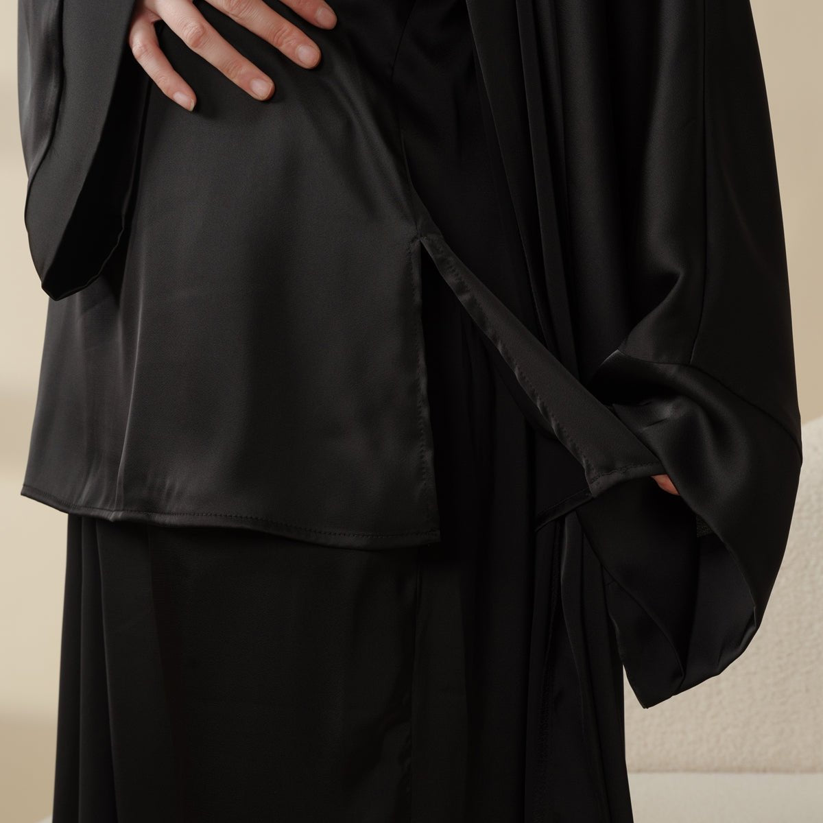Mariam's Collection Luxury Satin Modest Abaya Set 4-Piece – Elegant Open Abaya, Top, Pants & Matching Hijab(MOA034) — main pr