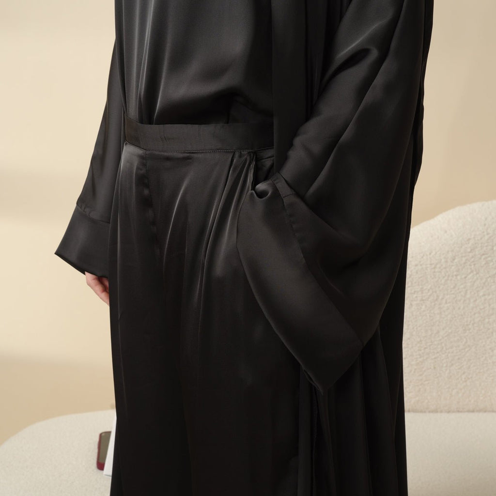 Mariam's Collection Luxury Satin Modest Abaya Set 4-Piece – Elegant Open Abaya, Top, Pants & Matching Hijab(MOA034) — flat-la