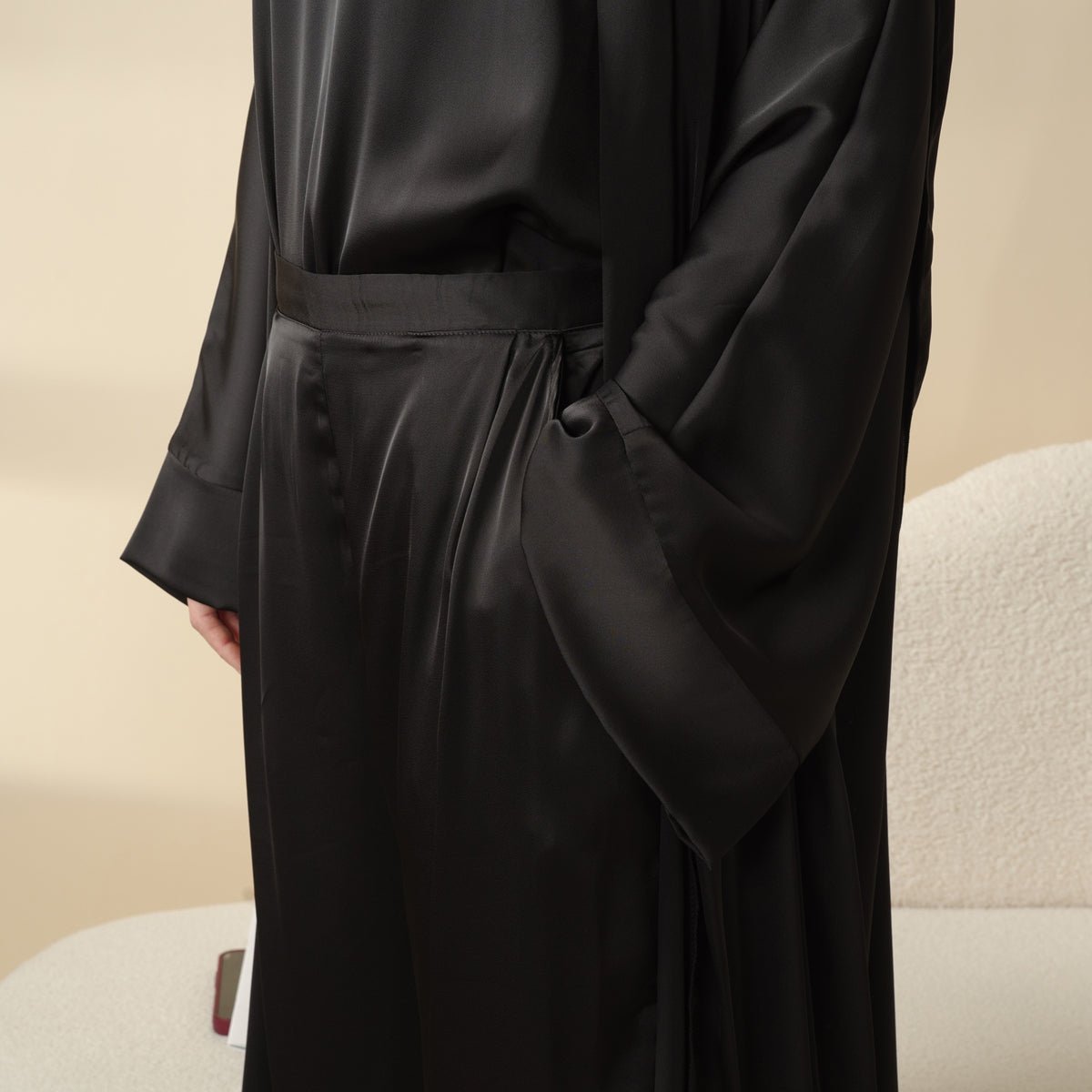 Mariam's Collection Luxury Satin Modest Abaya Set 4-Piece – Elegant Open Abaya, Top, Pants & Matching Hijab(MOA034) — flat-la