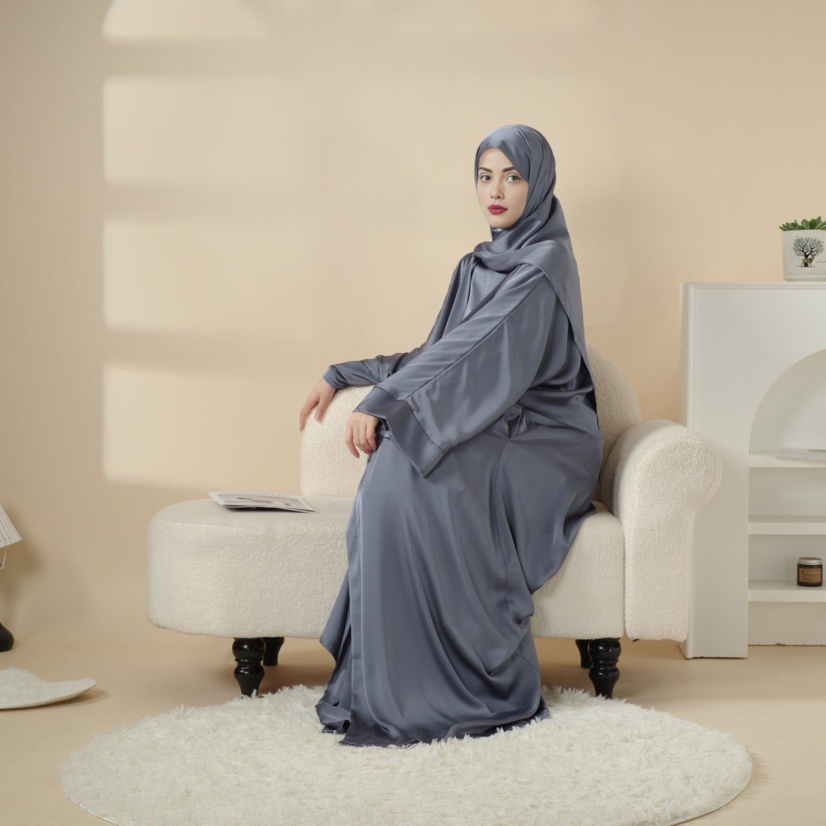 Mariam's Collection Luxury Satin Modest Abaya Set 4-Piece – Elegant Open Abaya, Top, Pants & Matching Hijab(MOA034) — detail shot 10