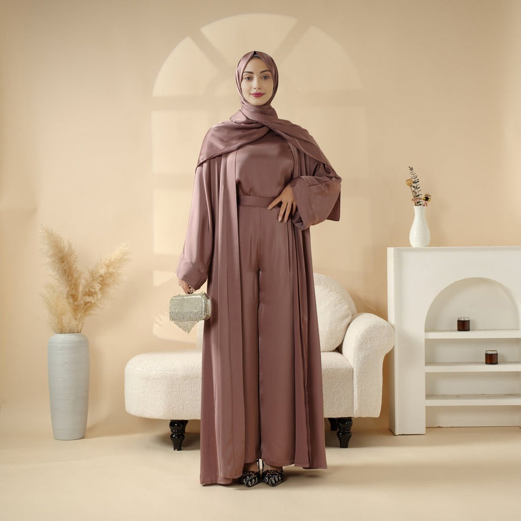 Mariam's Collection Luxury Satin Modest Abaya Set 4-Piece – Elegant Open Abaya, Top, Pants & Matching Hijab(MOA034) — main product shot
