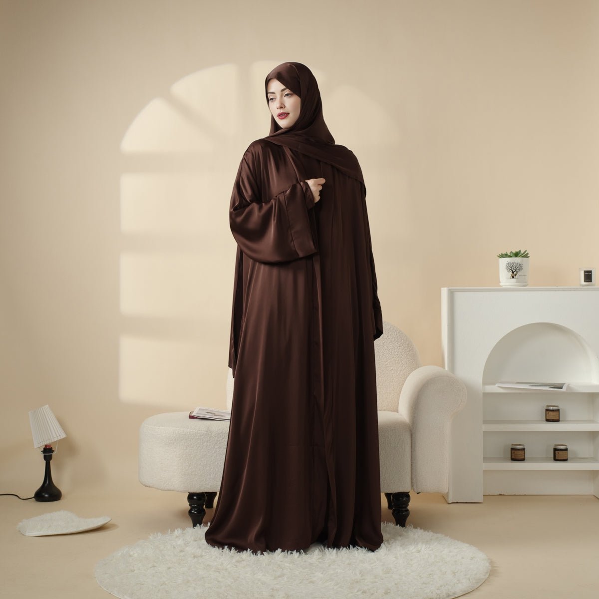 Mariam's Collection Luxury Satin Modest Abaya Set 4-Piece – Elegant Open Abaya, Top, Pants & Matching Hijab(MOA034) — lifesty