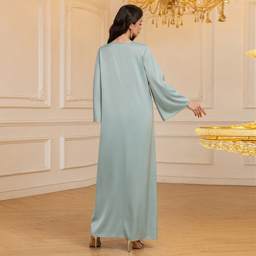 Luxury Textured Satin Diamond Embellished Robe Dress - High-End V-Neck Evening Gown with Flared Sleeves(MA276)