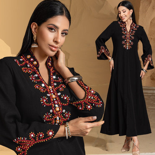 Luxury V-Neck Black & Gold Rice Bead Embroidered  Party & Wedding Abaya (MA187)