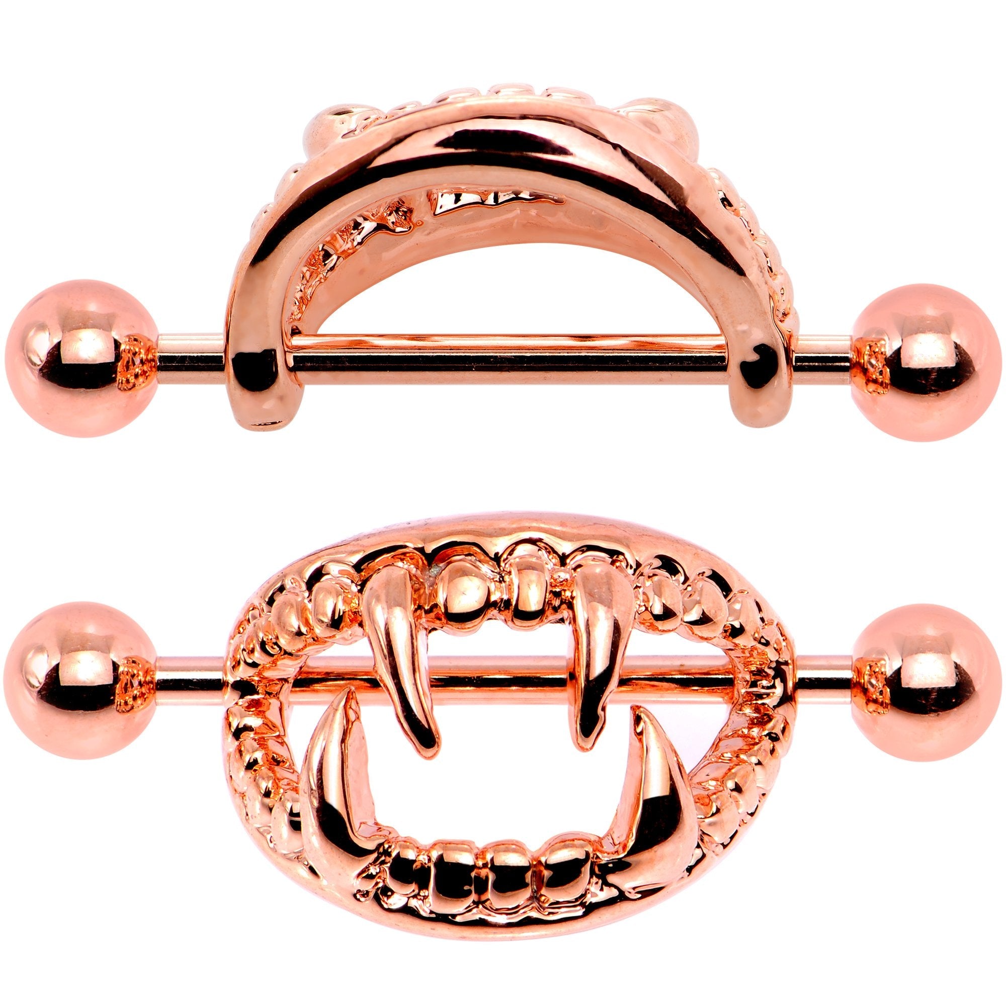 BodyCandy 14G 5/8 Rose Gold Tone Fearsome Fangs Nipple Shield Set — main product shot