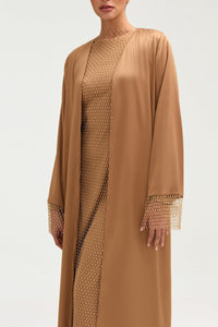 Lyana Crystal Mesh Satin Abaya - Champagne Clothing Veiled 