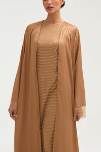 Lyana Crystal Mesh Satin Abaya - Champagne Clothing Veiled 