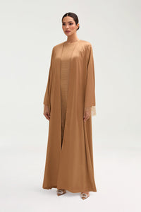 Lyana Crystal Mesh Satin Abaya - Champagne Clothing Veiled 