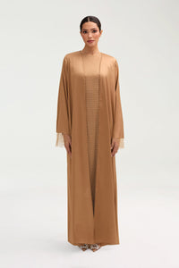 Lyana Crystal Mesh Satin Abaya - Champagne Clothing Veiled 