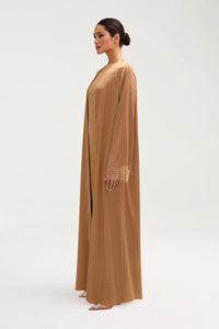 Lyana Crystal Mesh Satin Abaya - Champagne Clothing Veiled 