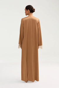 Lyana Crystal Mesh Satin Abaya - Champagne Clothing Veiled 