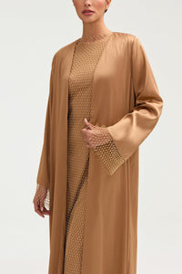 Lyana Crystal Mesh Satin Abaya - Champagne Clothing Veiled 