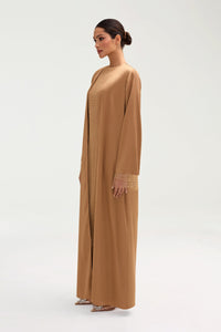 Lyana Crystal Mesh Satin Abaya - Champagne Clothing Veiled 