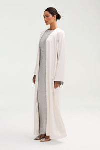 Lyana Crystal Mesh Satin Abaya - White Clothing Veiled 