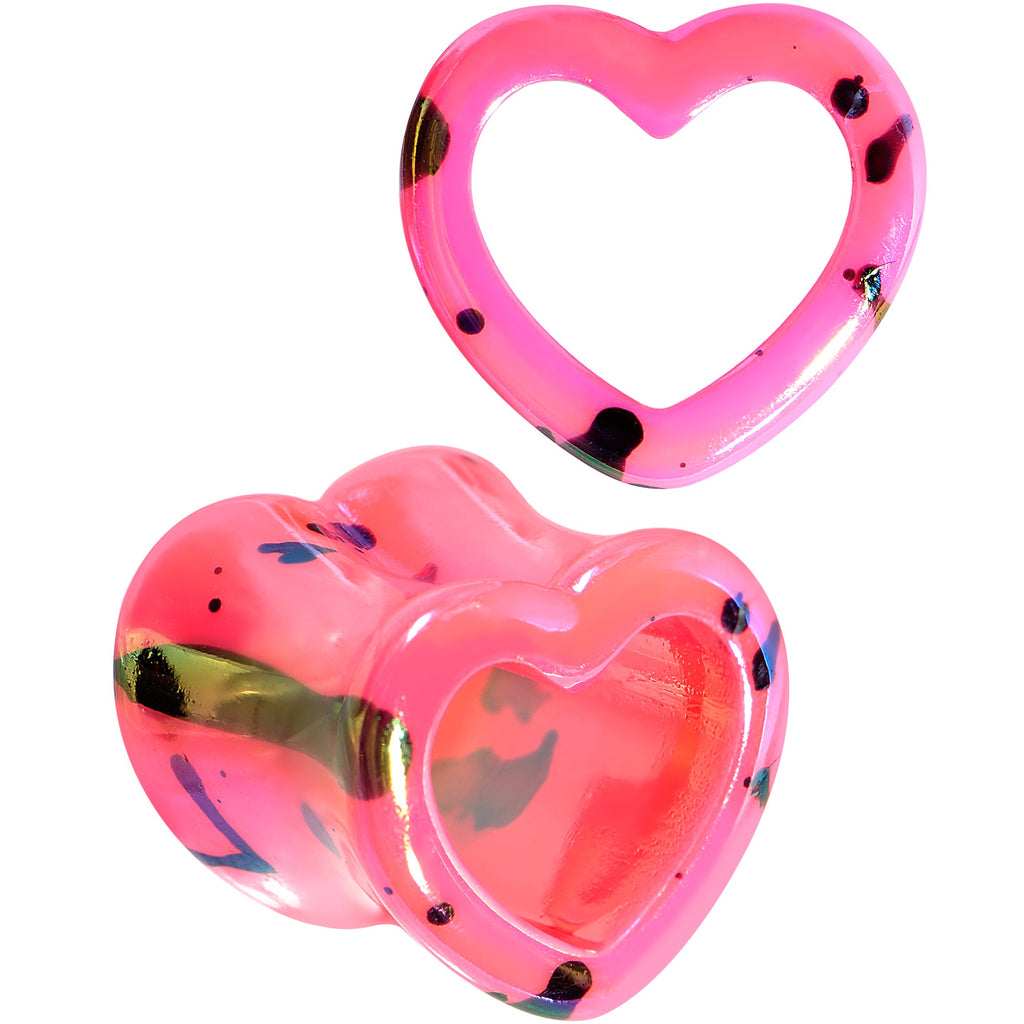 BodyCandy Black Speckled Pink Acrylic Heart Saddle Plug Set 4mm to 20mm — in-use photo