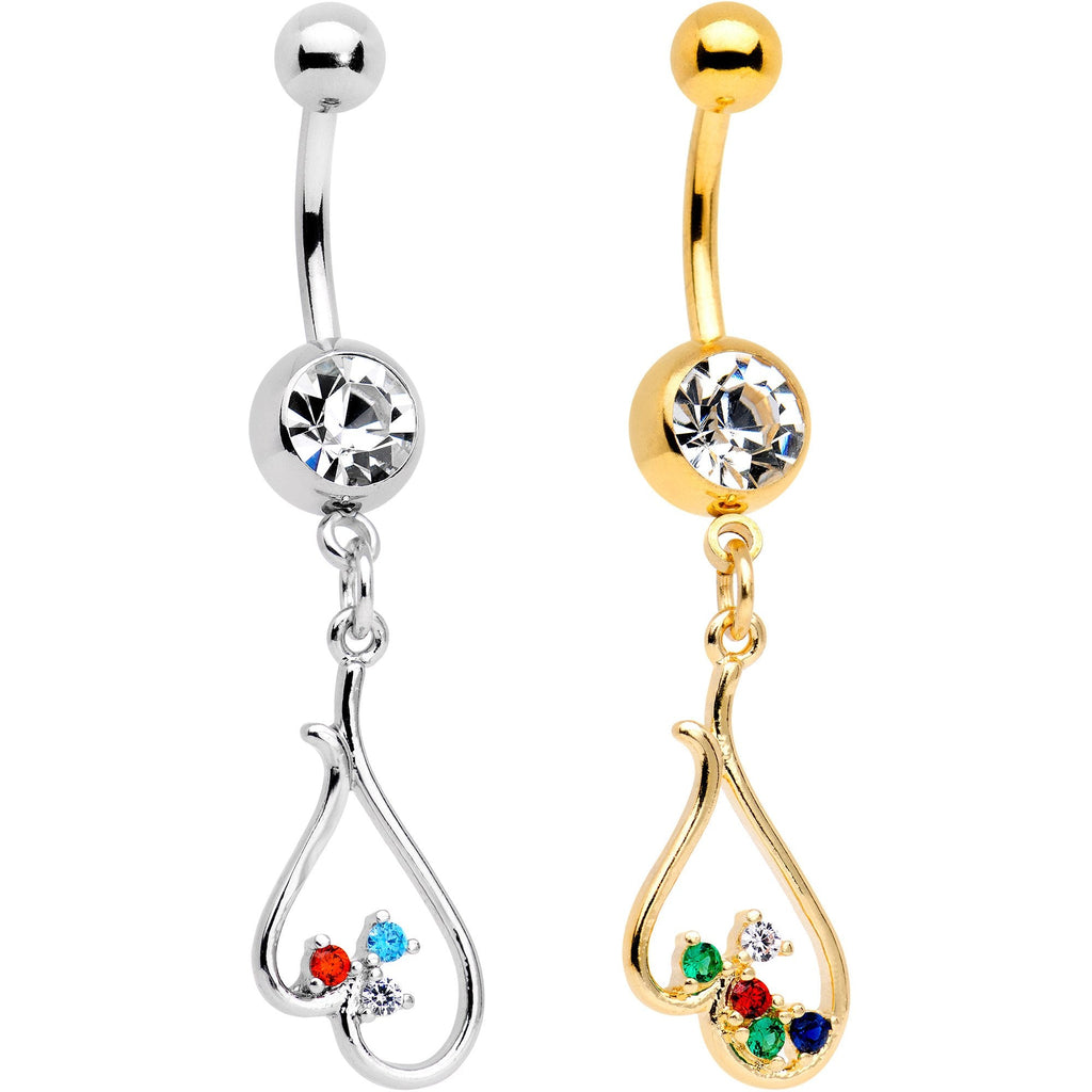 BodyCandy Clear Gem Gold PVD BFF Upside Down Heart Dangle Belly Ring Set of 2 — main product shot
