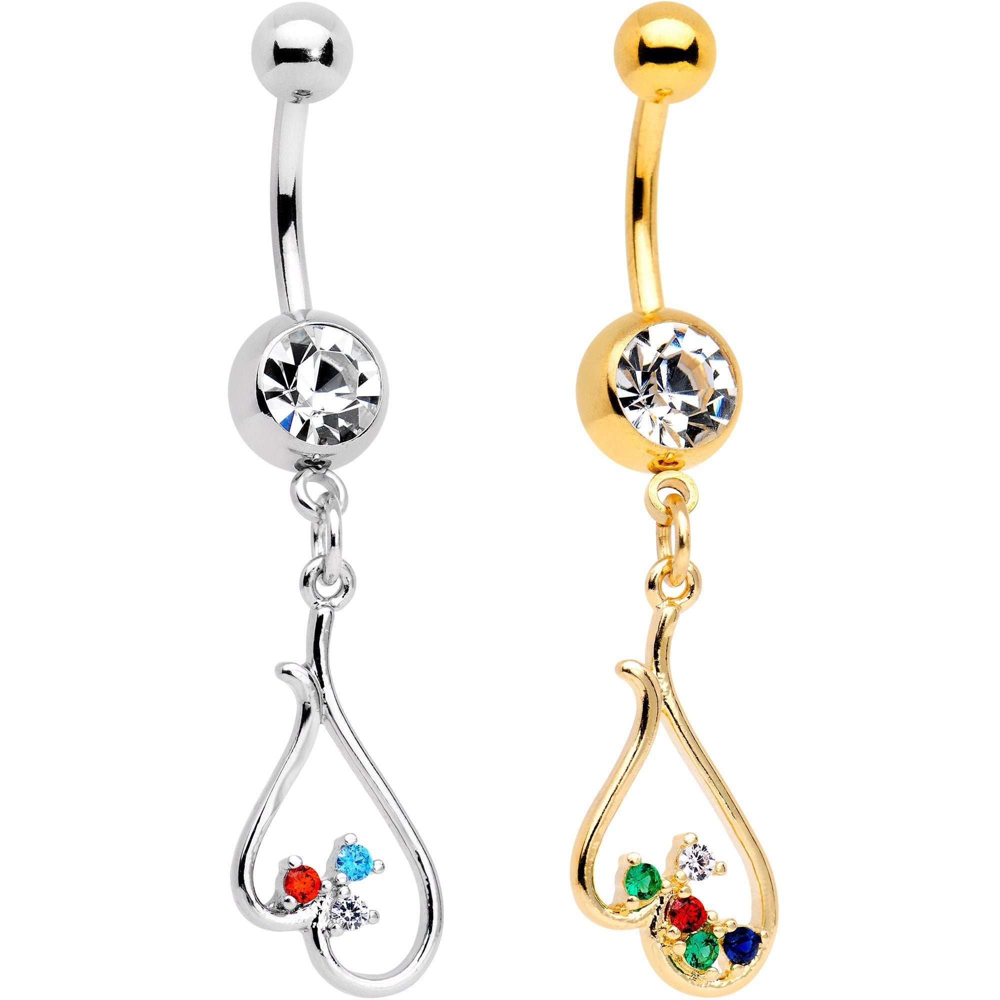 BodyCandy Clear Gem Gold PVD BFF Upside Down Heart Dangle Belly Ring Set of 2 — main product shot