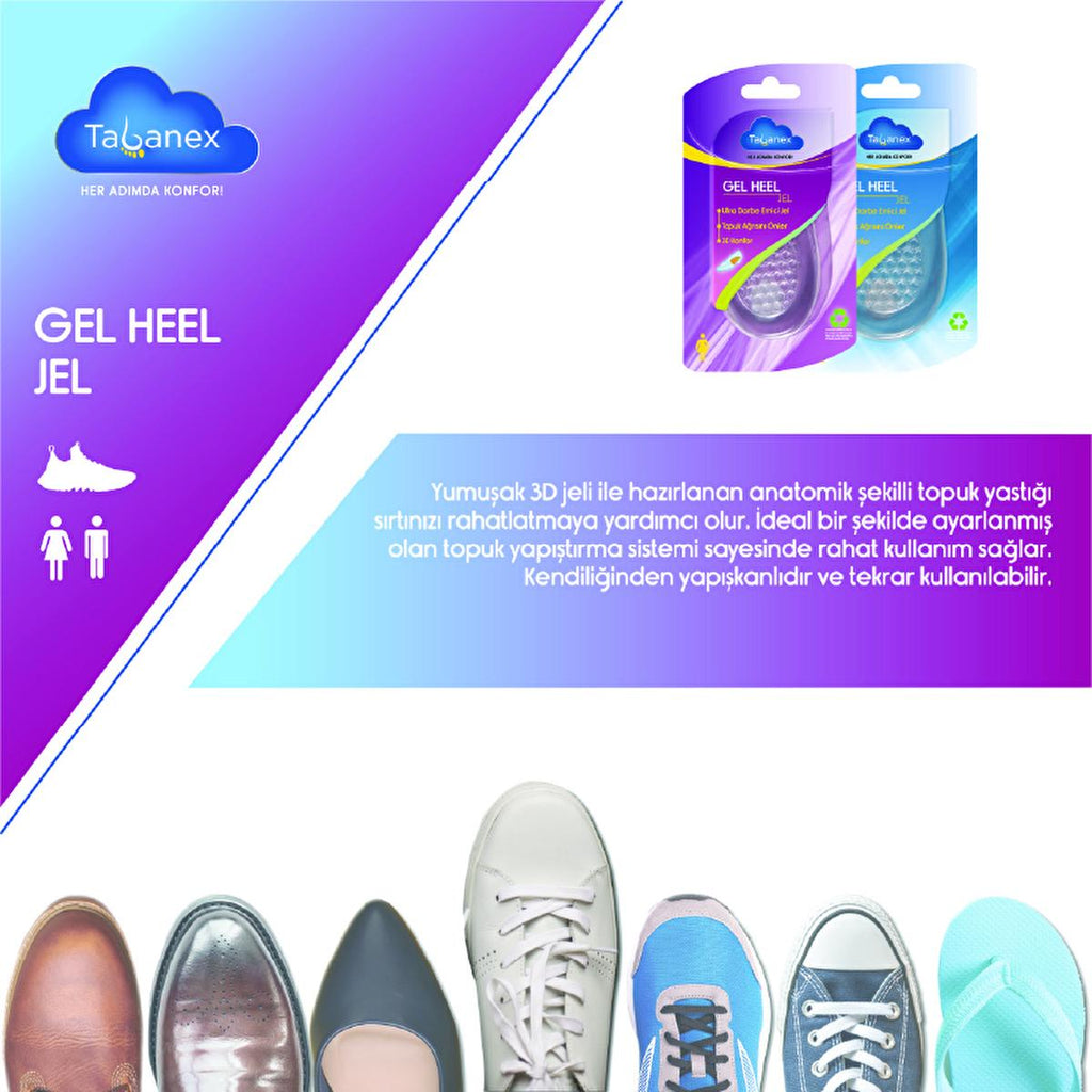 Tabanex Heel Pads/Inserts for Comfortable Footwear - Soft 3D Gel, Reusable Adhesive