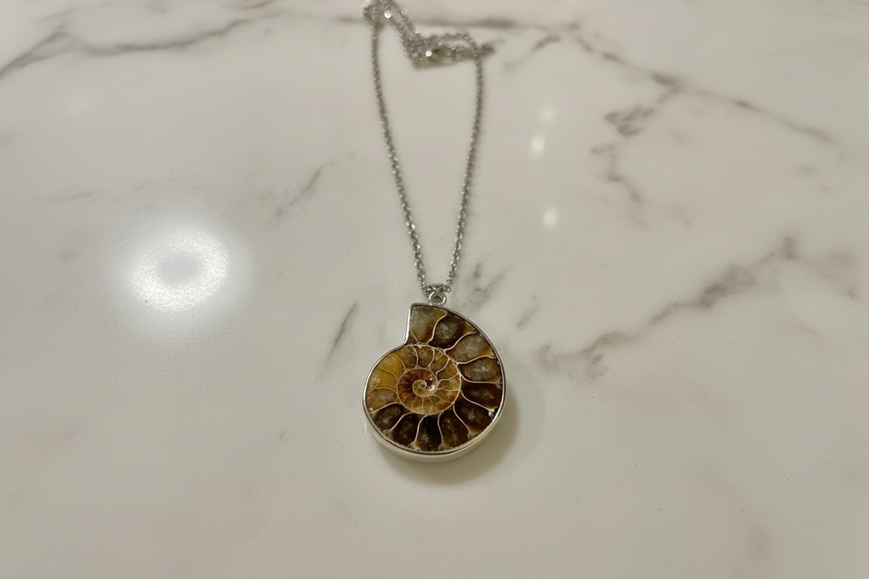 Just Neat Stuff Ammonite Spiral Necklace — lifestyle context