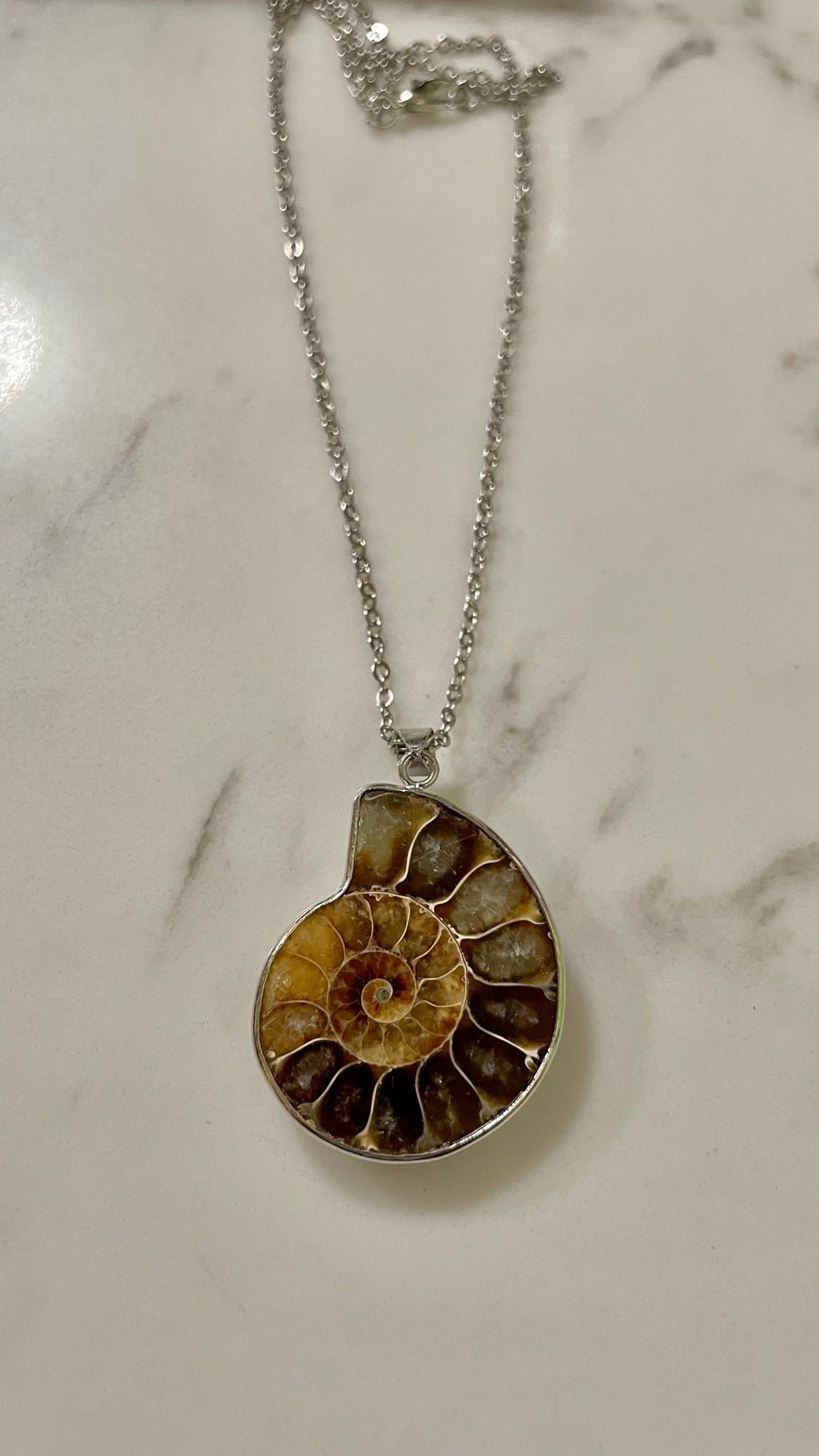 Just Neat Stuff Ammonite Spiral Necklace — side view