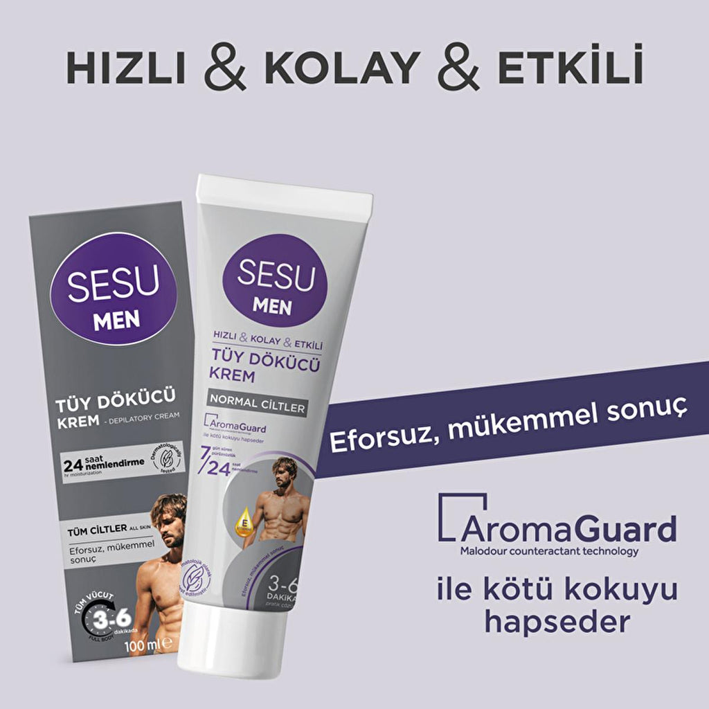 Sesu Men's Hair Removal Cream for Sensitive Skin - 3-6 Minute Quick Hair Removal, Dermatologically Tested, Vitamin E Enriched - 3.38 fl oz