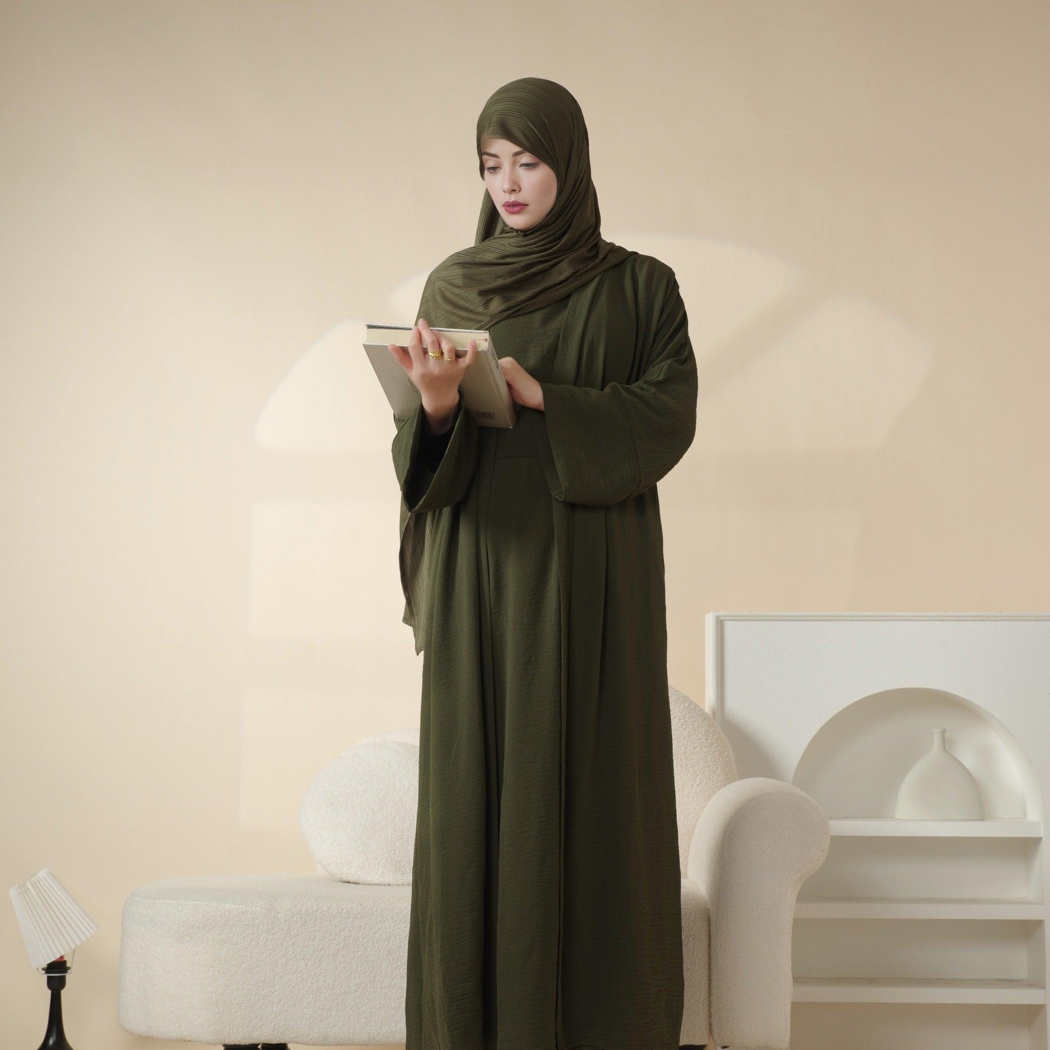 Mariam's Collection Crepe Pocket Open Abaya 3-Piece Set (MA002) — flat-lay composition