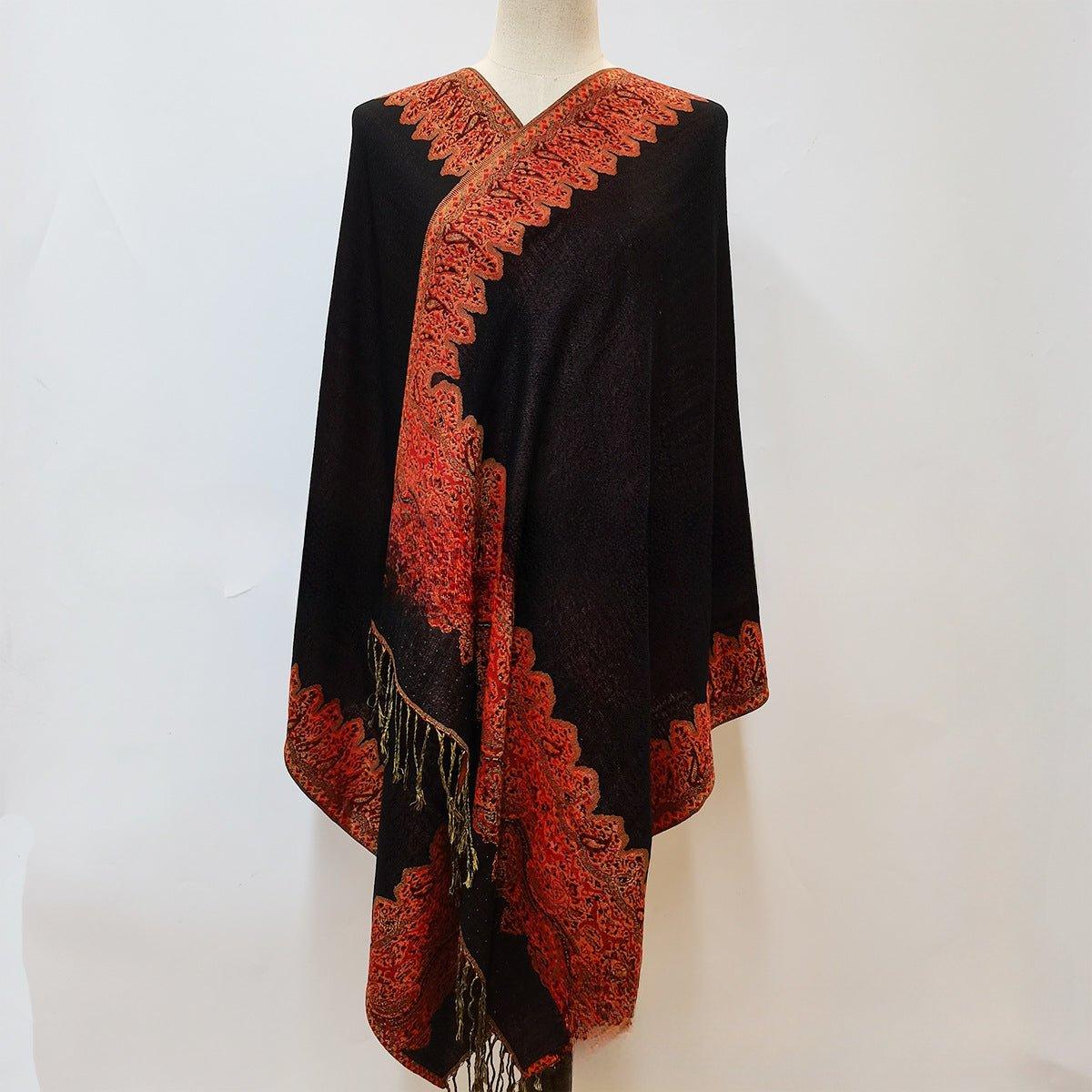 Mariam's Collection MAC044 Bohemian Style Multicolor Retro Jacquard Cashew Long Tassel Scarf — Mariam's Collection branding close-up